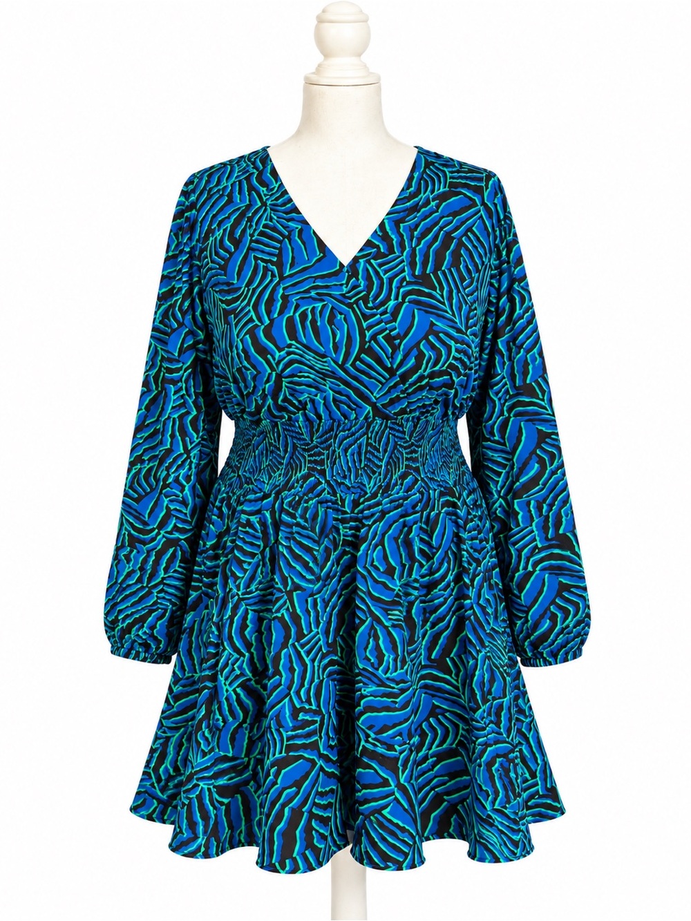 Women’s Blue & Teal V-Neck Smocked Waist Dress